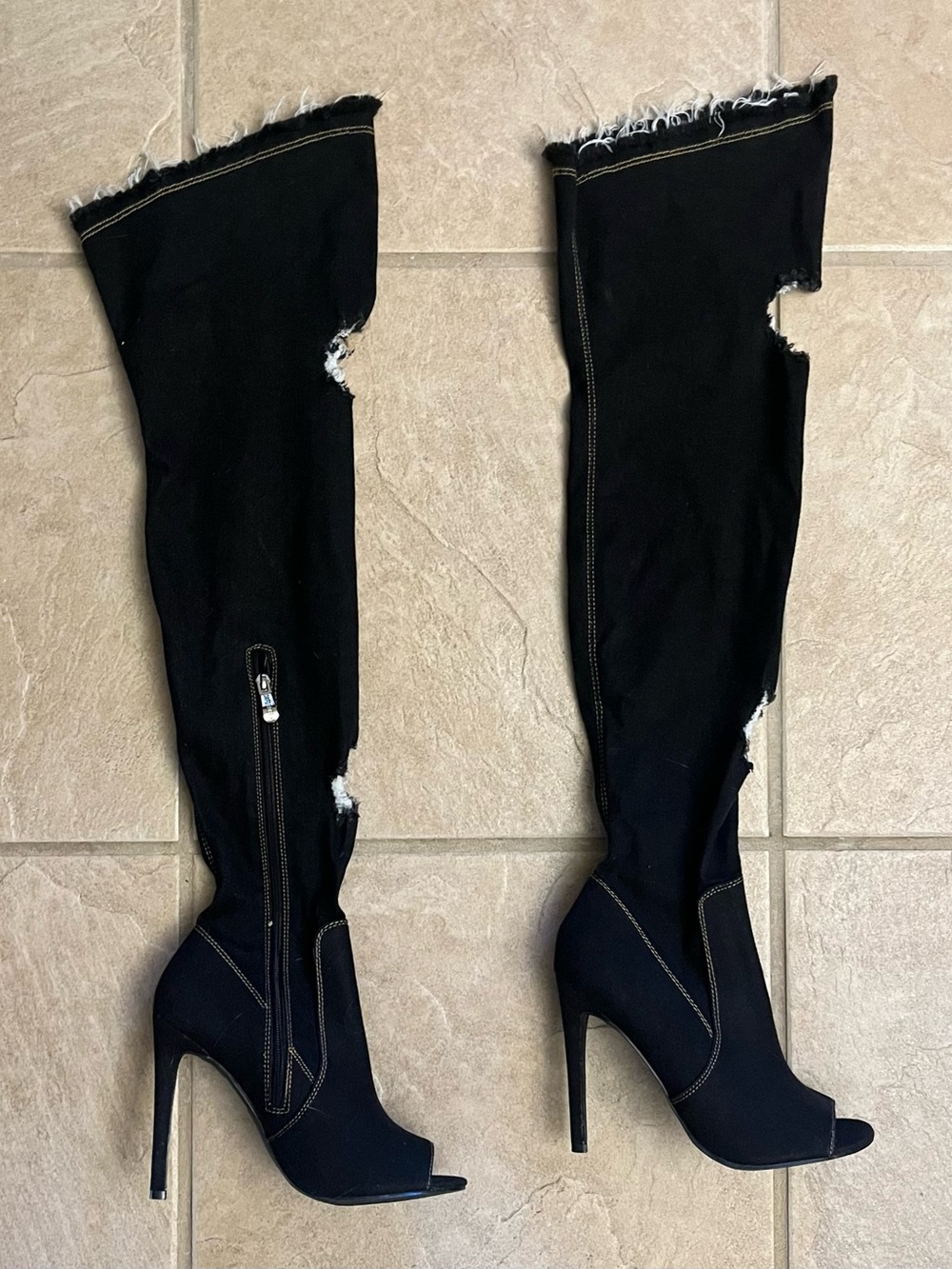 Black Stiletto High Heel Thigh High Peep Toe Stretch Black Denim Ripped Boots 8